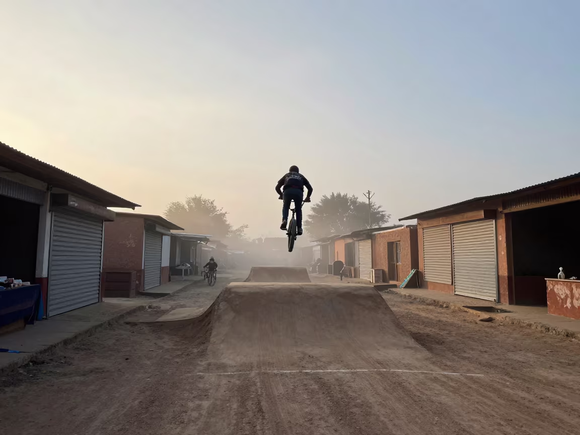 BMX Rider Mid-Air Hermosillo Dawn Mist in along a market lane in Hermosillo