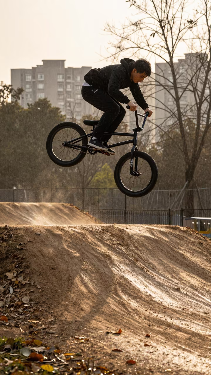 BMX Rider Tailwhip Over Dirt Jump Sunset in in Zhengzhou