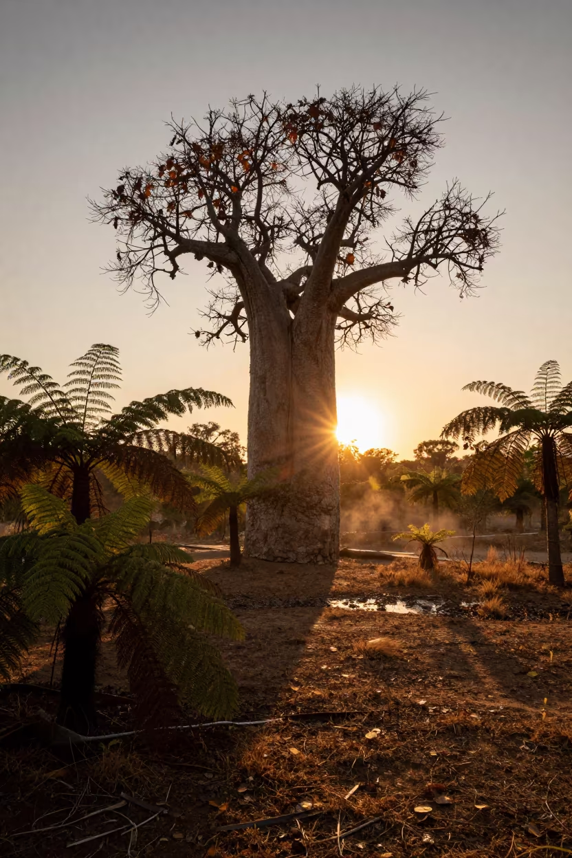 Boab Tree Amber Autumn Sunset Fog in on a fern-lined forest floor near Taiyuan