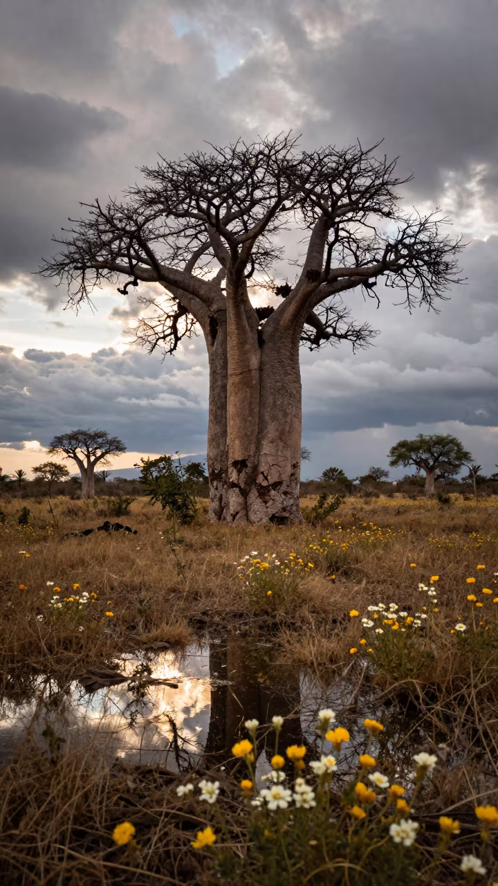 Boab Tree in Bloom Meadow Evening Light in in a bloom-heavy meadow near San Luis Potosí