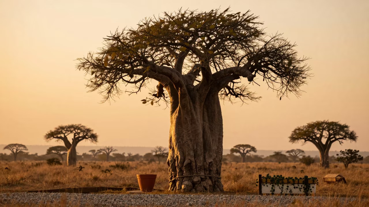 Boab Tree in Tanzanian Bloom Meadow at Sunset in in a bloom-heavy meadow in Tanzania