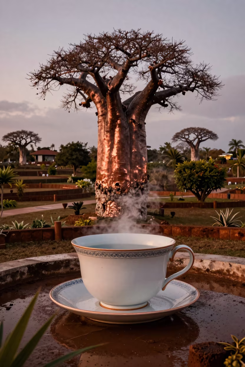 Boab Tree in Jamaican Garden with Giant Teacup in among terraced garden plots in Jamaica