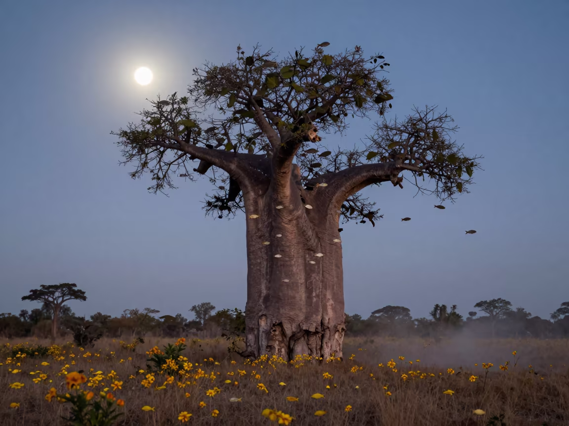 Boab Tree With Swimming Fish In Gabon Moonlight in in a bloom-heavy meadow in Gabon