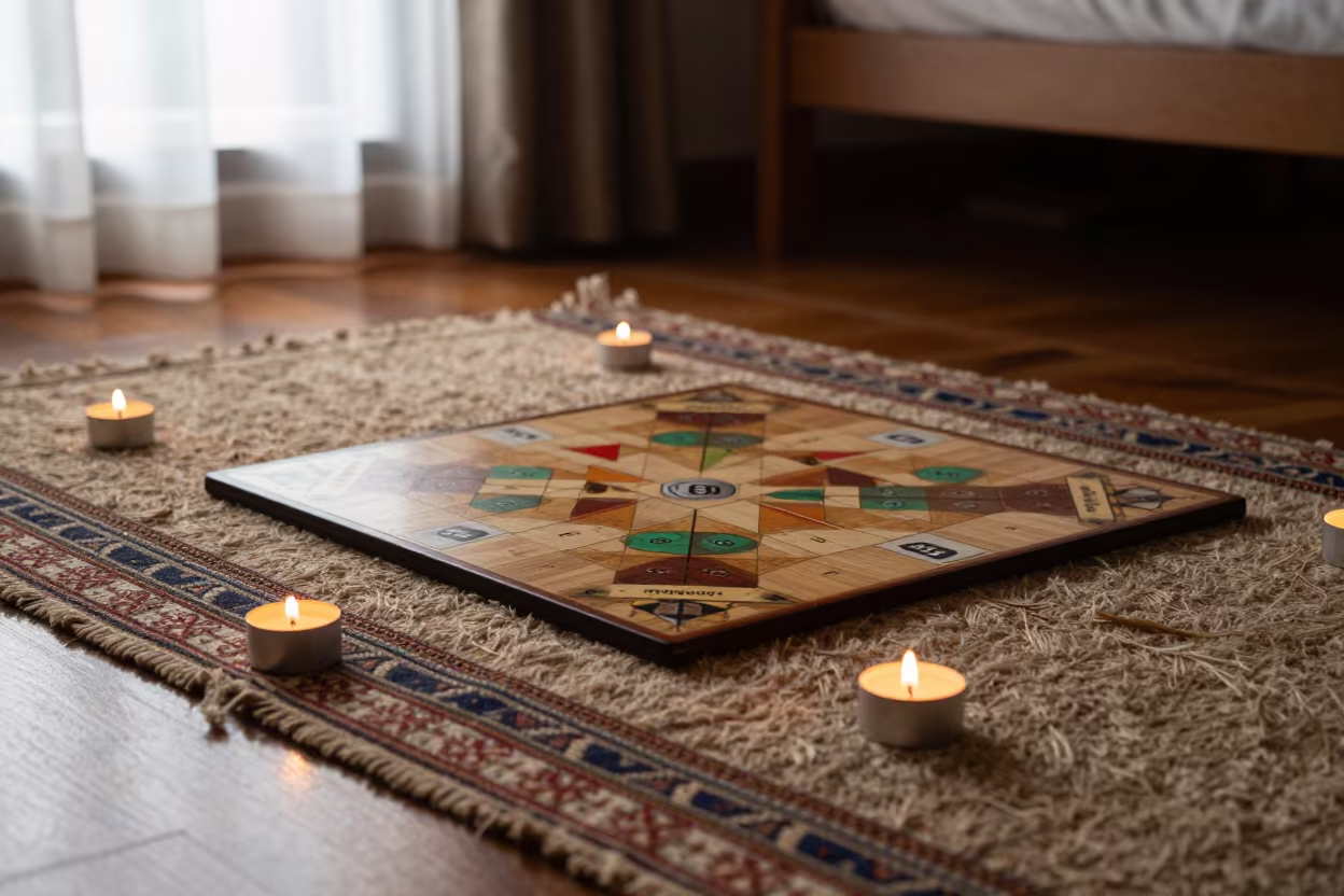 Board Game on Rug in Candlelit Godavarikhani Bedroom in in a candlelit bedroom near Godavarikhani