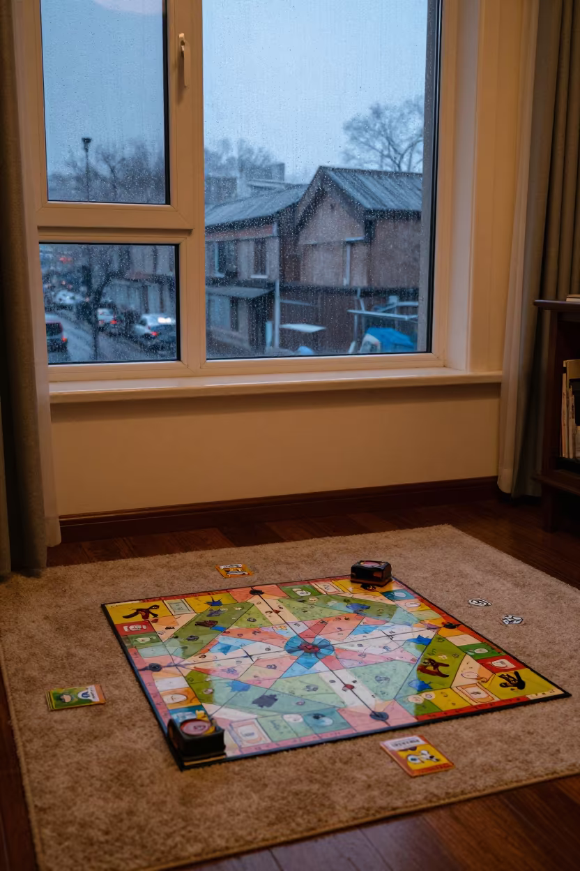Board Game on Rug by Rainy Window Liulichang in beside a rain-streaked window in Liulichang, Beijing
