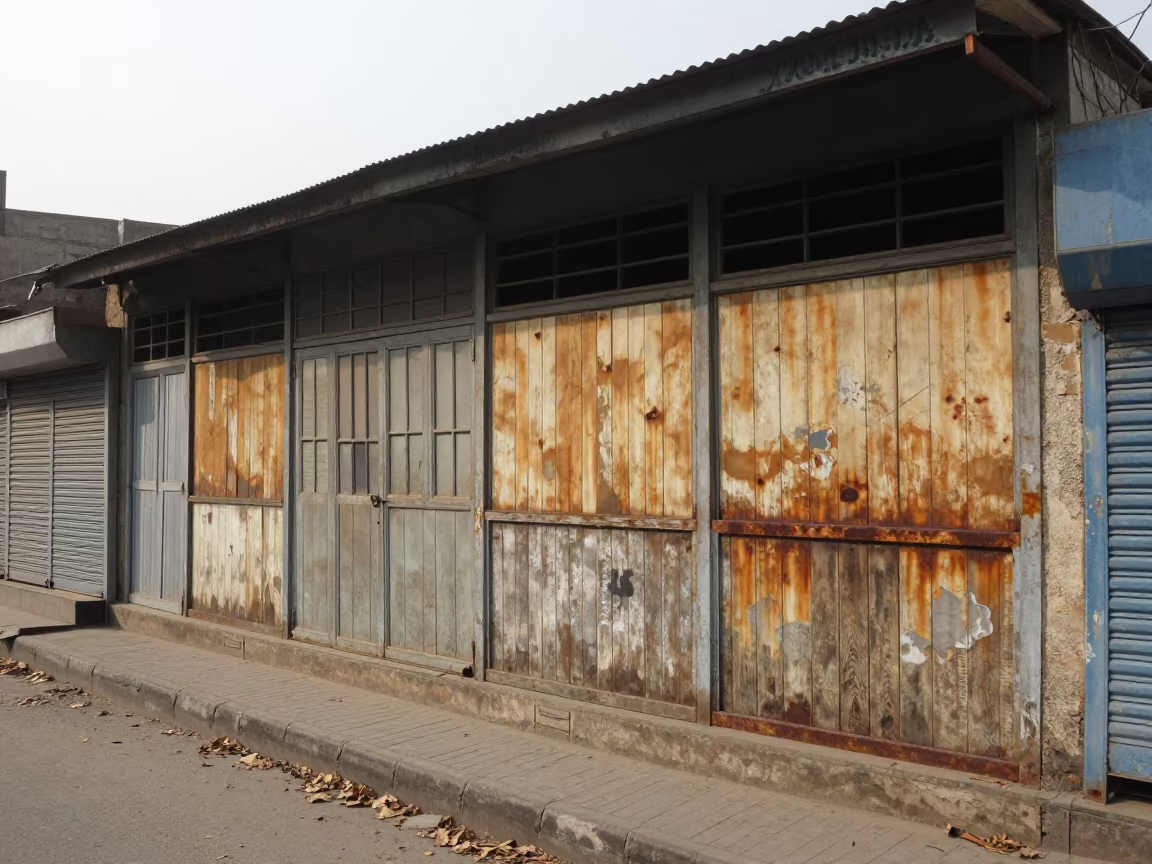 Boarded Windows on Lahore Street Corner in along a shuttered arcade in Lahore
