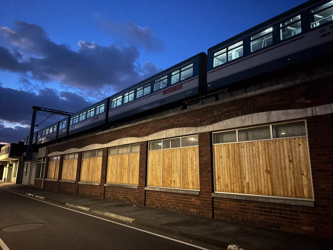 Boarded Windows Under Train Line Blue Hour in under an elevated train line in Port Elizabeth