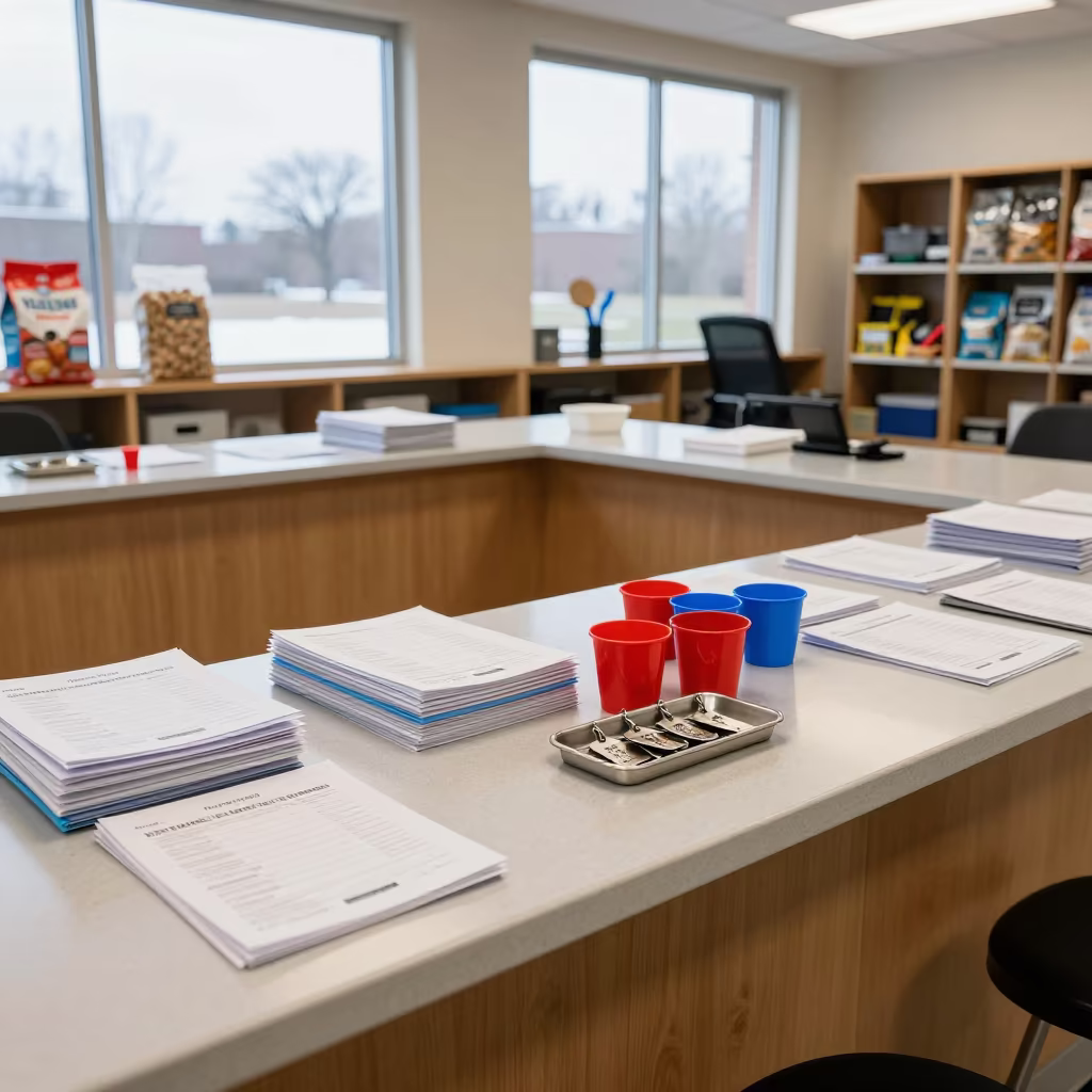 Boarding Desk with Vaccine Binders and Treat Cups in in a boarding kennel corridor in St Louis