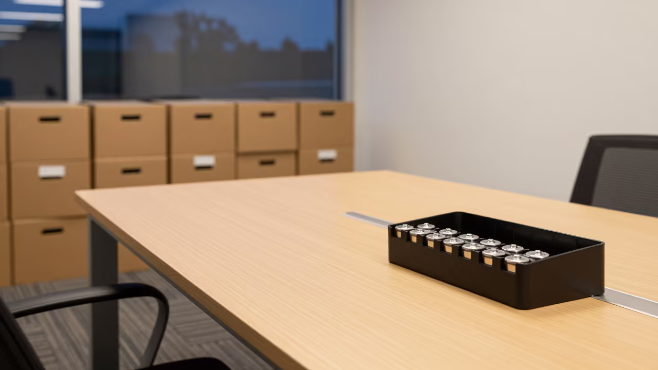 Boardroom Mic Battery Caddy Twilight Austin Office in at a boardroom table before a meeting in Austin
