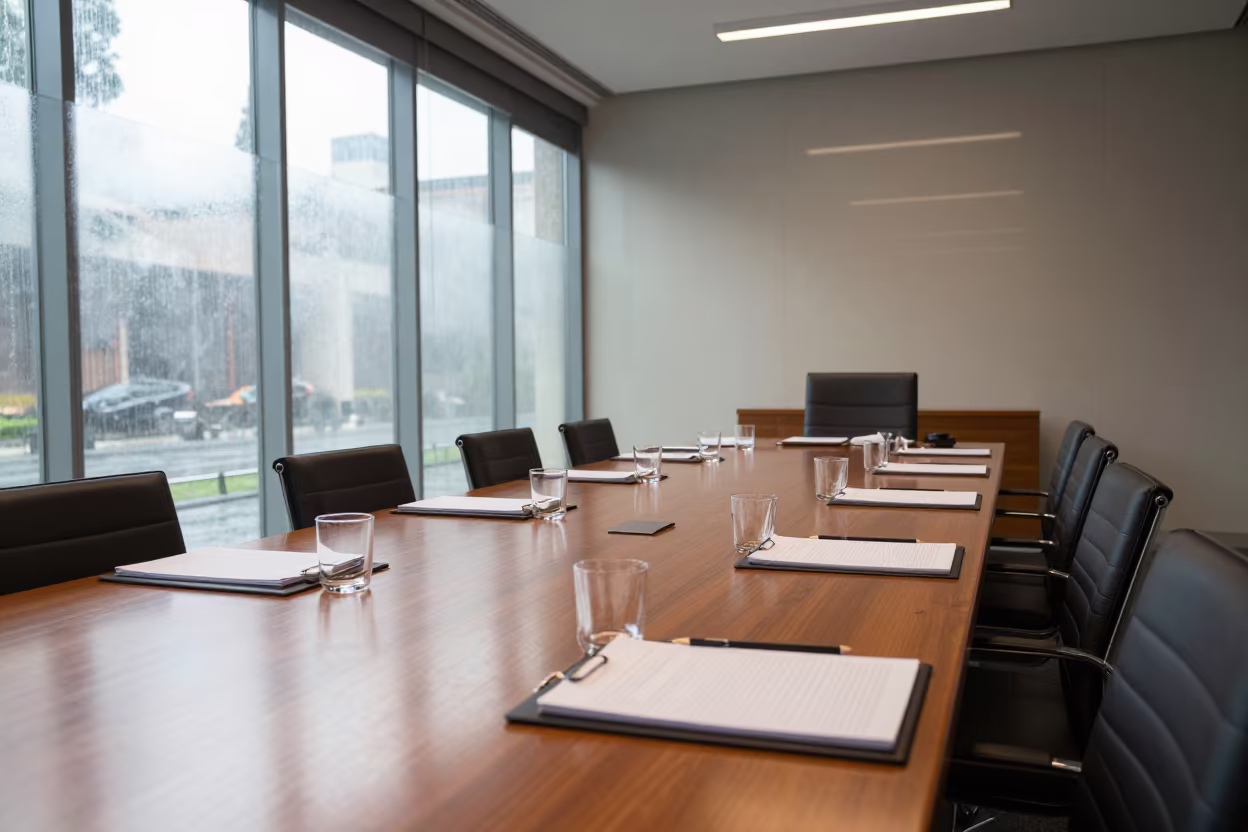 Boardroom table with agendas and water glasses in at a boardroom table before a meeting near Aventino, Rome