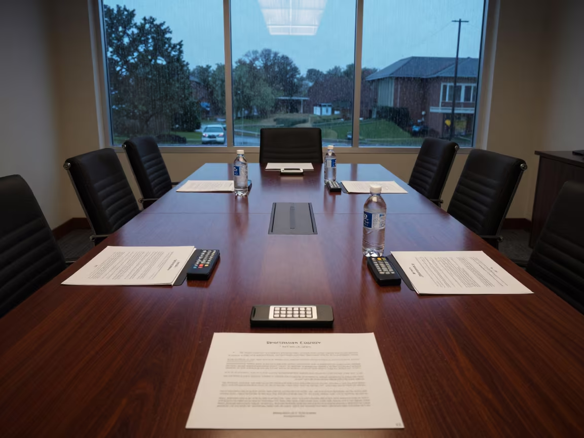 Boardroom table at dusk with decks and clickers in at a boardroom table before a meeting in Spotsylvania County