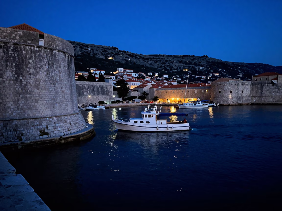 Boat Arrival in Dubrovnik at The Last Blue Light Of Evening in in Dubrovnik, Croatia