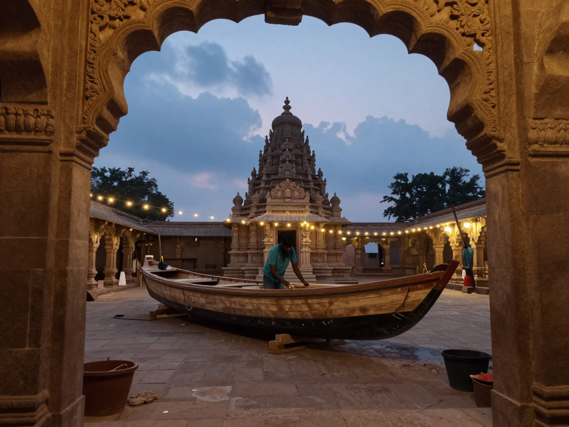 Boat Builder Planing Hull at Twilight Temple in in a temple courtyard near Eluru