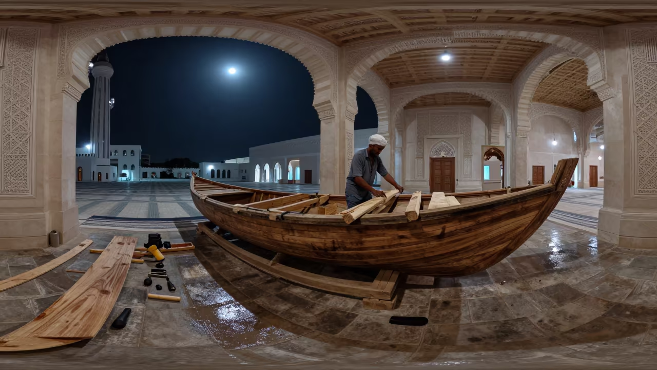 Boat Builder Shaping Hull in Abu Dhabi Night in in a prayer hall in Abu Dhabi