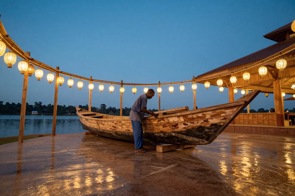 Boat Builder Shaping Hull in Maseru Lantern Shrine in in a shrine lined with lanterns in Maseru