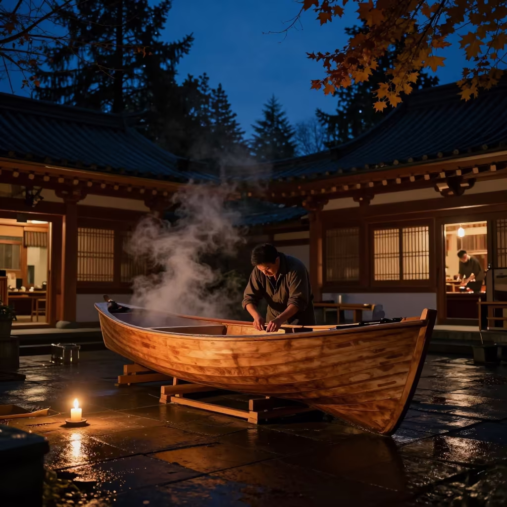 Boat Builder Shaping Hull in Vancouver Temple in in a temple courtyard in Vancouver