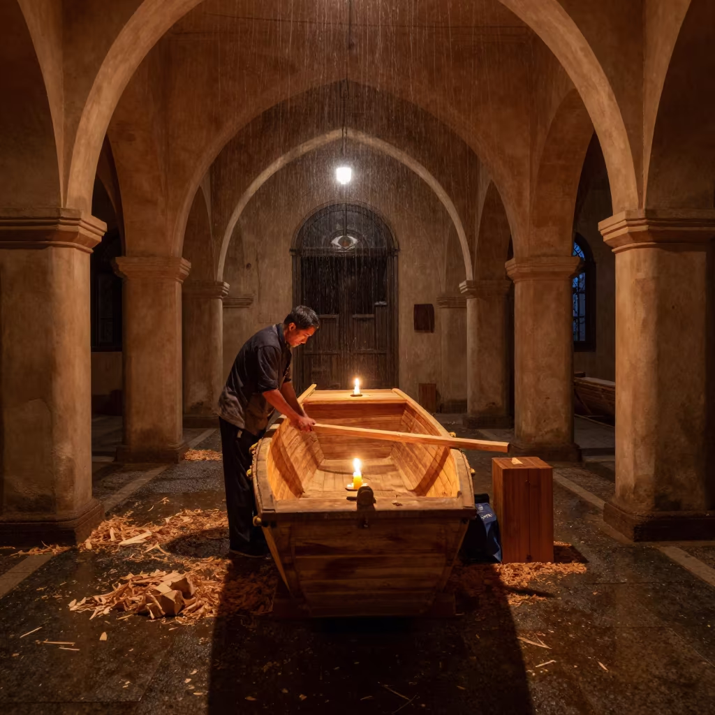 Boat Builder Shaping Hull in Wuhan Prayer Hall in in a prayer hall near Wuhan