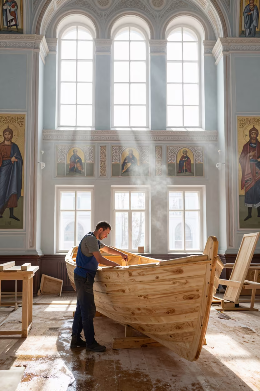 Boat Builder Shaping Wooden Hull in Russian Prayer Hall in in a prayer hall near Nizhny Novgorod
