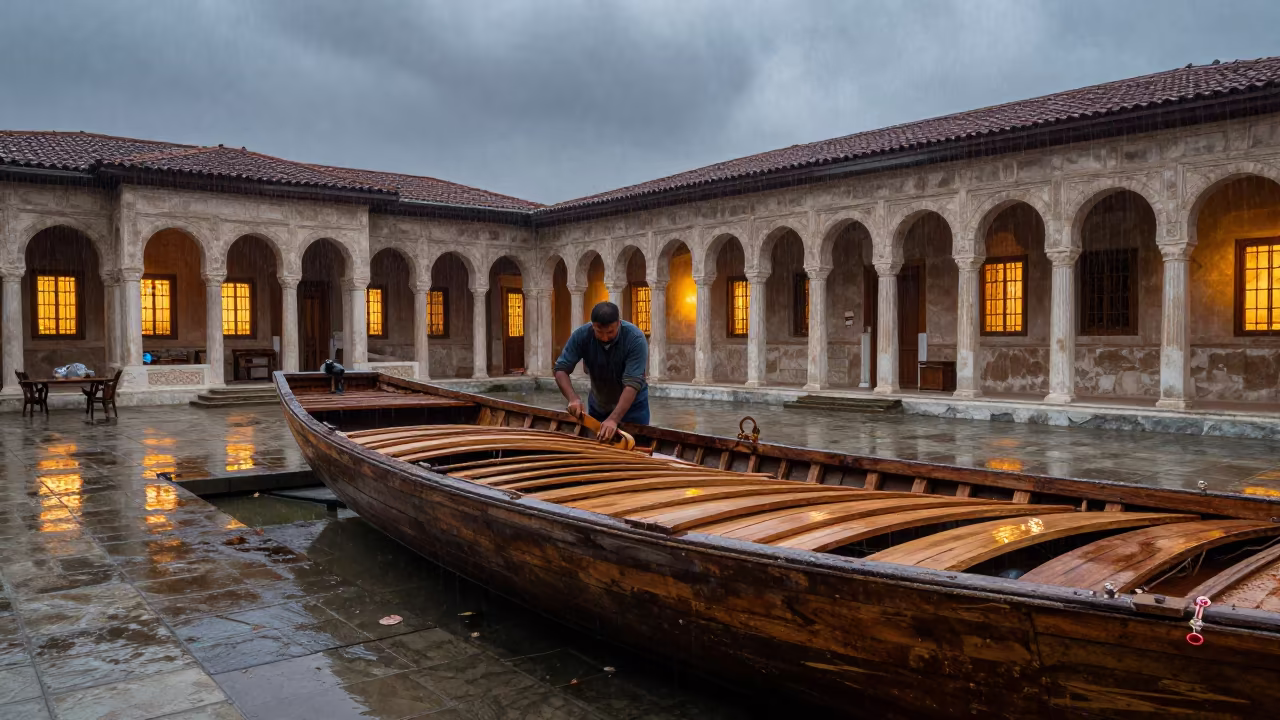 Boat Builder Steaming Ribs in Afyon Temple in in a temple courtyard in Afyonkarahisar