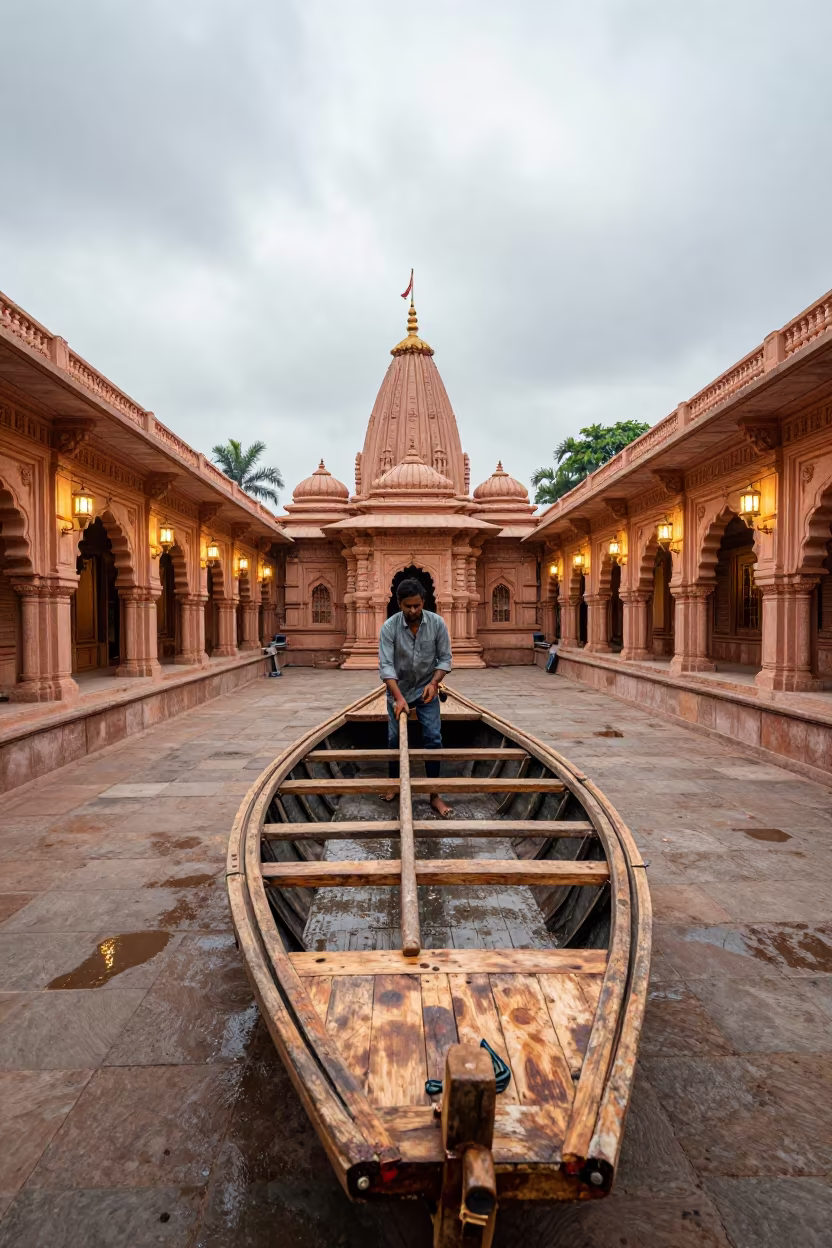 Boat Builder Steaming Ribs in Patiala Shrine in in a shrine lined with lanterns in Patiala