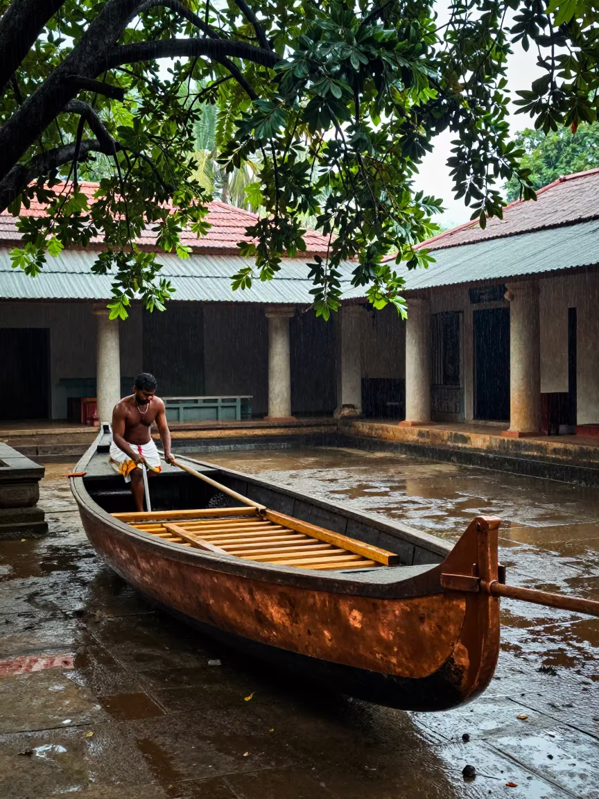 Boat Builder Steams Ribs in Madurai Temple Courtyard in in a temple courtyard in Madurai