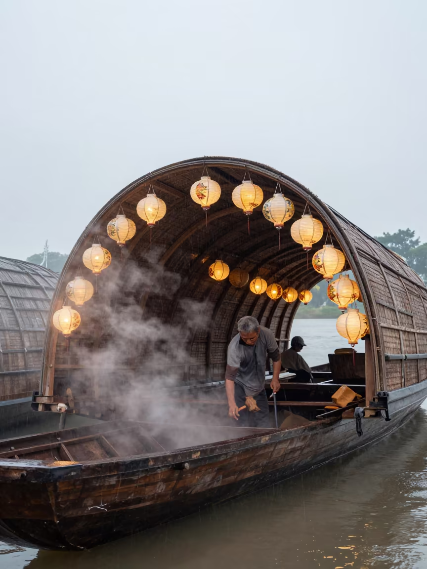 Boat Builder Steams Ribs in Shrine Thủ Đức in in a shrine lined with lanterns in Thủ Đức