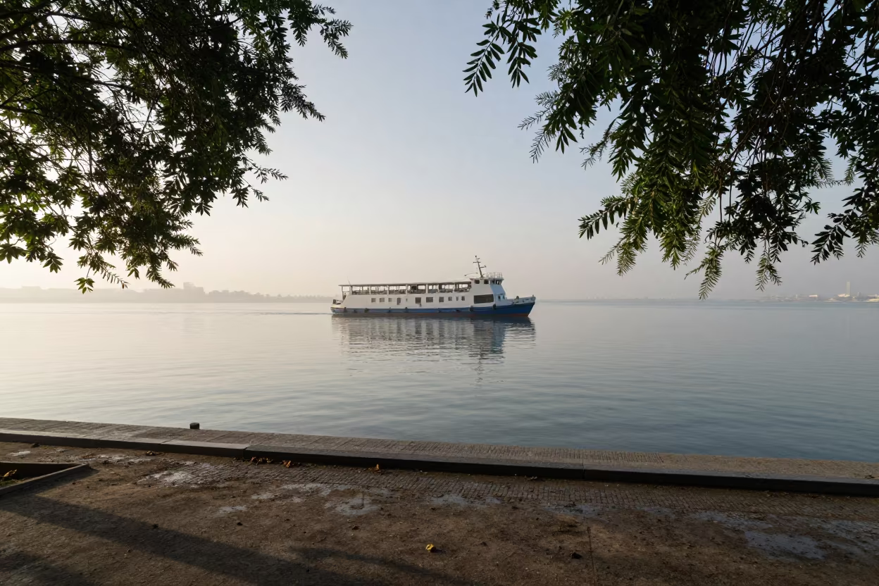 Boat on Calm Lake Monsoon Afternoon in across a remote ferry crossing near Manama