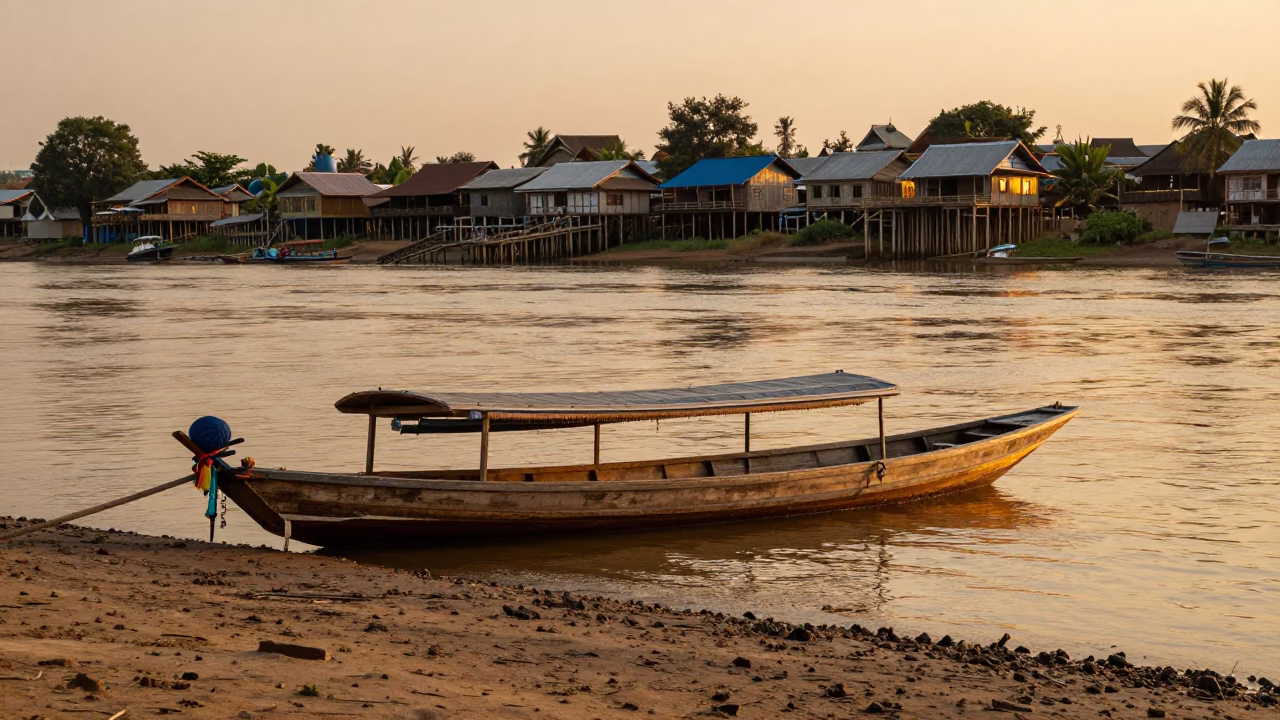 Boat Docked in Luang Prabang at Sunset Light in in Luang Prabang, Laos