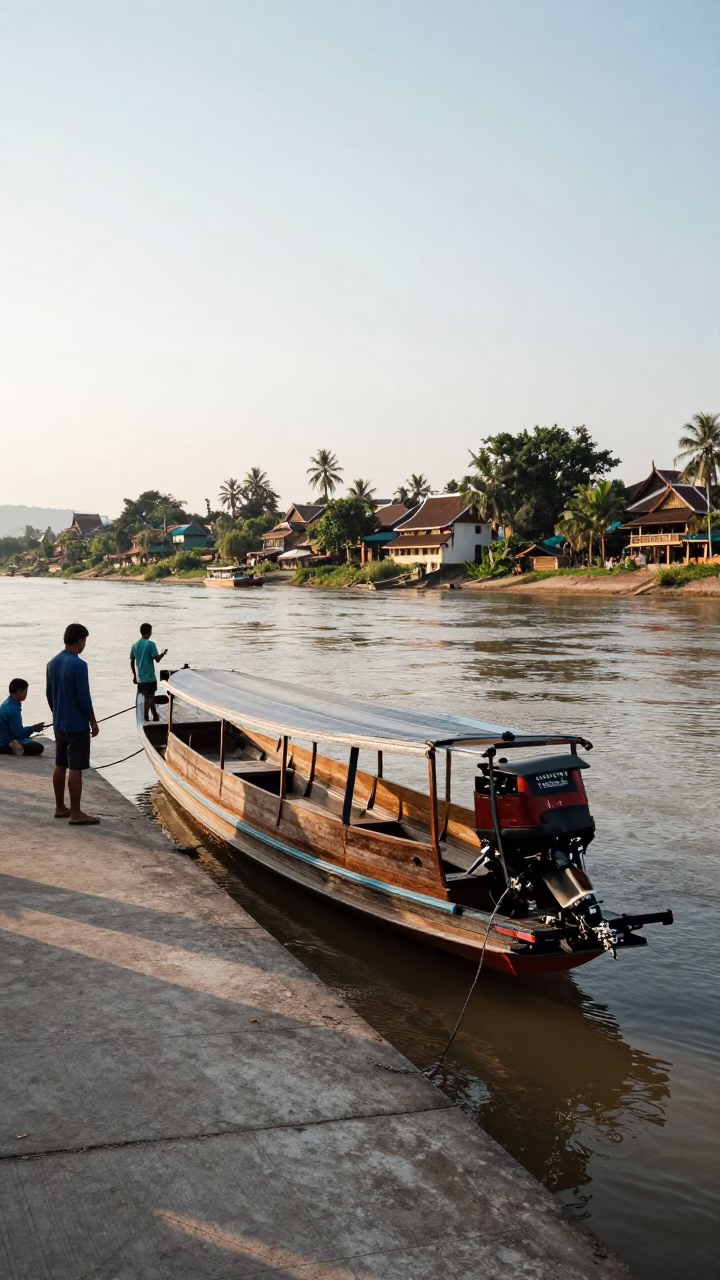 Boat Docked in Luang Prabang at The Early Afternoon Light in in Luang Prabang, Laos