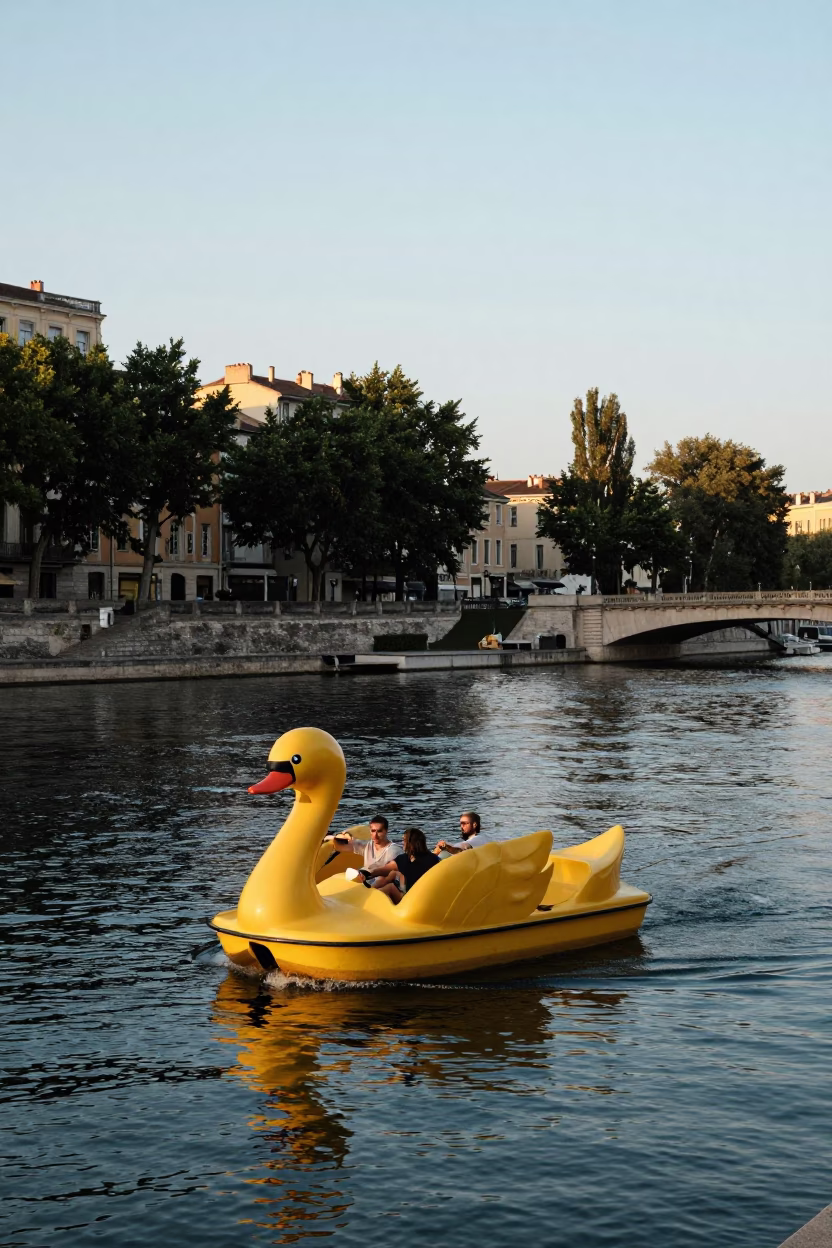 Boat Floating in Lyon at The Early Evening Light in in Lyon, France