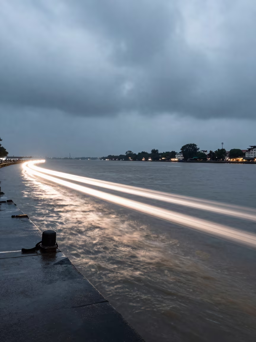 Boat Light Trails Mumbai Harbor Noon Rain in near Kala Ghoda, Mumbai