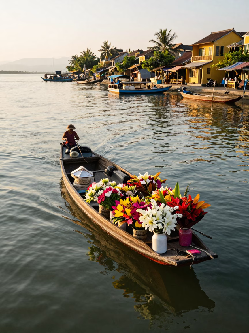 Boat Loaded in Hoi An at The Late Afternoon Light in in Hoi An, Vietnam