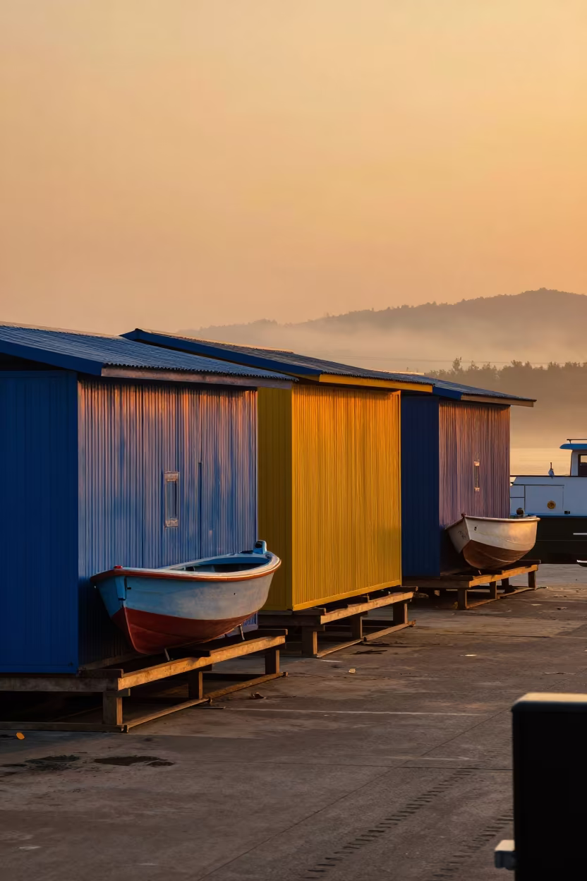 Boat Painting Shed in Amber Evening Mist in across a remote ferry crossing near Jinan