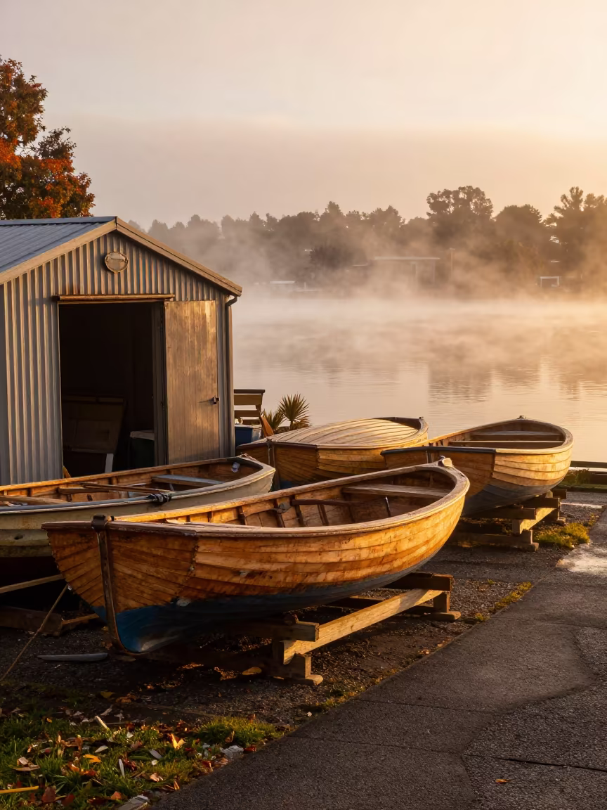Boat Painting Shed at Richmond Harbor Golden Hour in beside a fogbound harbor mouth near Richmond, Melbourne