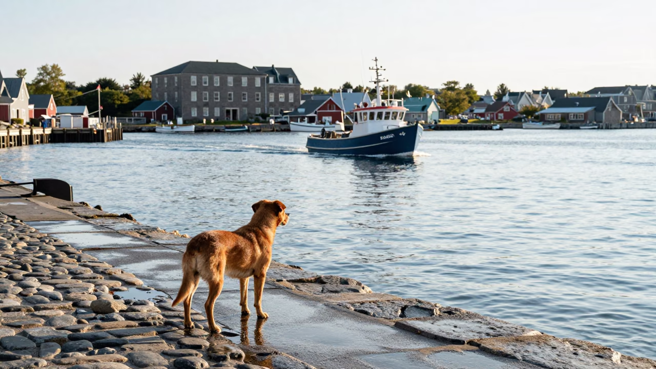 Boat Passes in Halifax at Late Morning Light in in Halifax, Nova Scotia, Canada