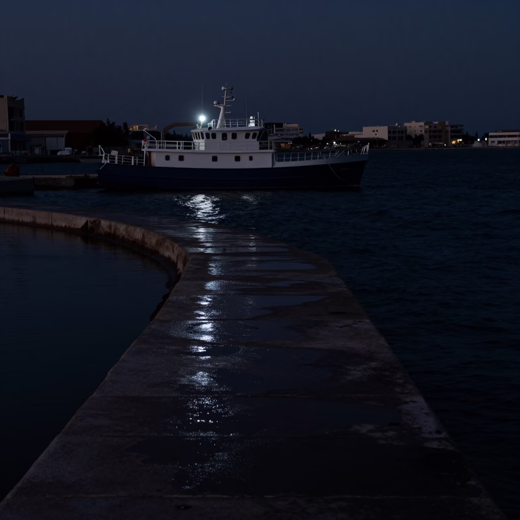 Boat Return in Tunis at The Predawn Darkness Light in in Tunis, Tunisia