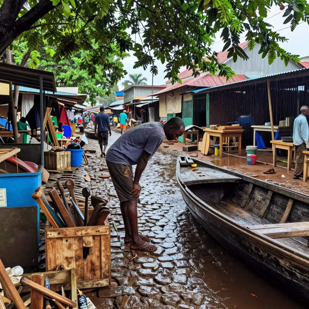 Boatbuilder in Asaba Market Lane After Rain in in Asaba
