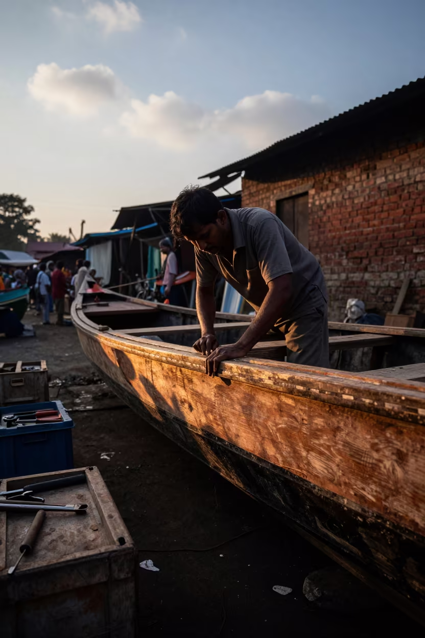 Boatbuilder Checking Detail in Kolkata Dawn Light in in Park Street, Kolkata