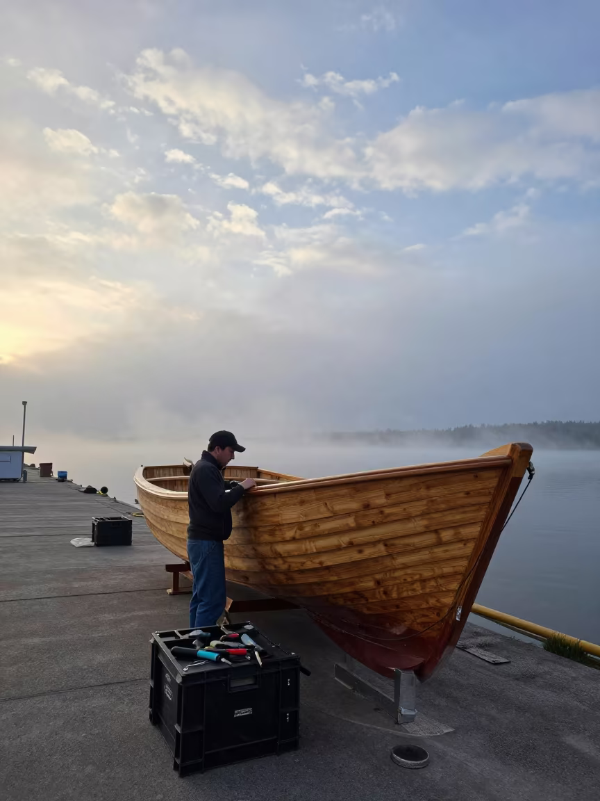 Boatbuilder at Dawn Checking Detail in Edmonton in at a harbor edge in Edmonton