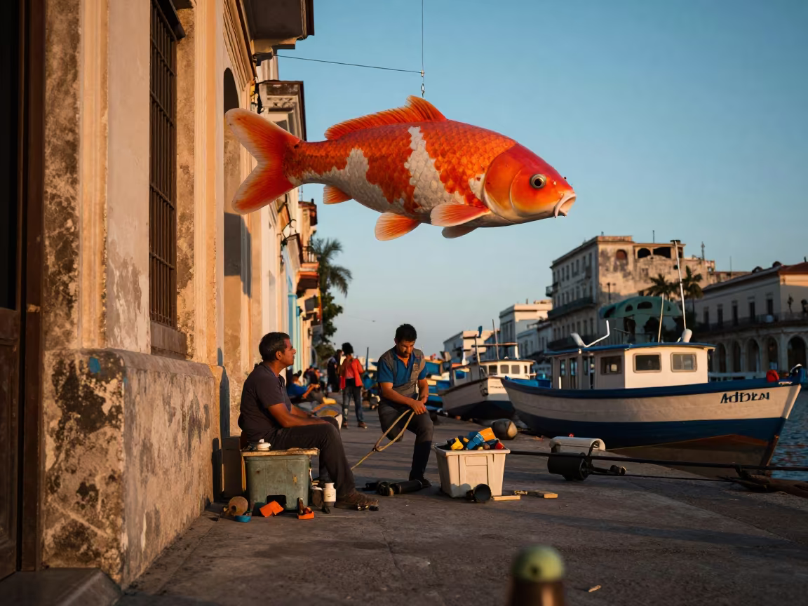Boatbuilder Dawn Harbor Giant Koi Havana in at a roadside stop near Malecon, Havana