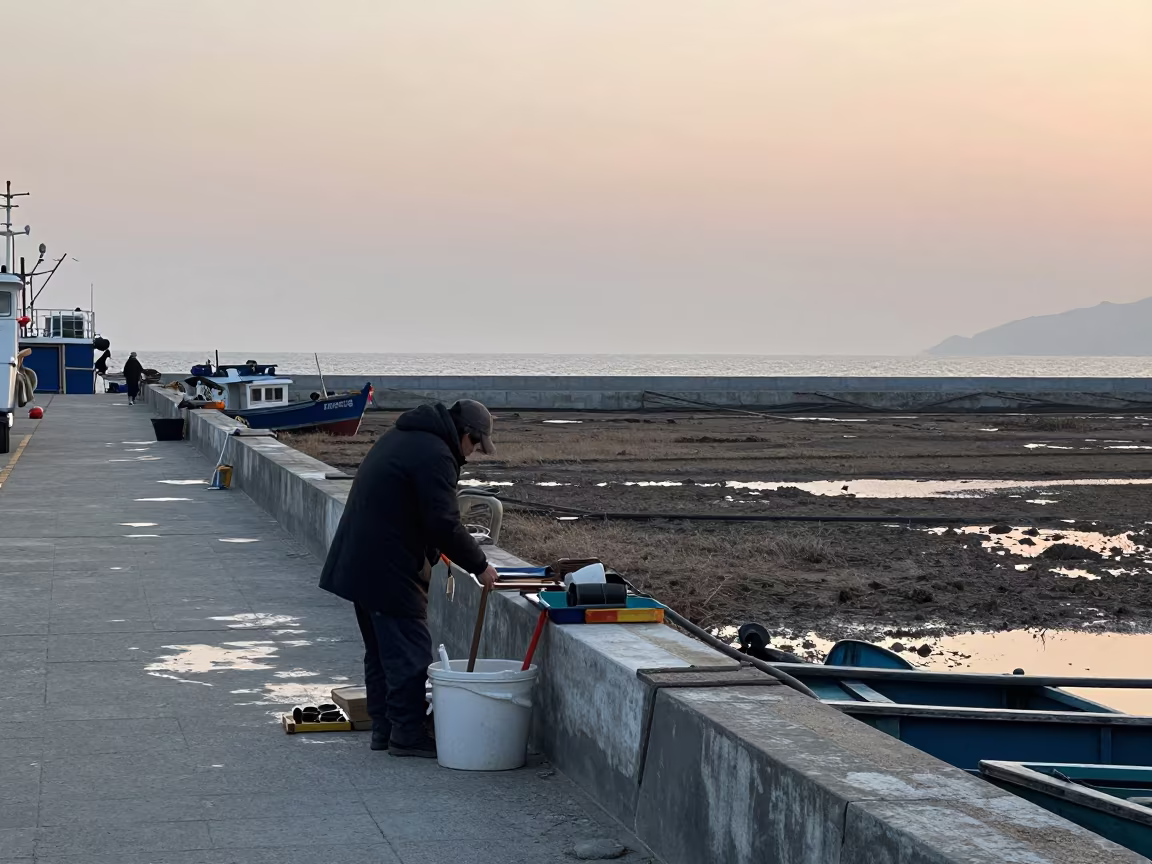 Boatbuilder at Dawn Harbor Wall Jagalchi Busan in near open fields near Jagalchi, Busan