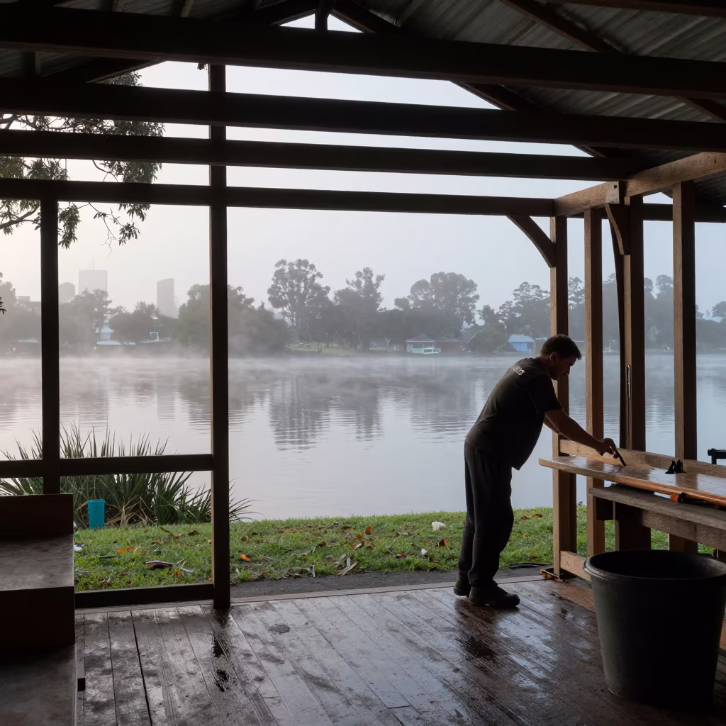 Boatbuilder at Dawn in Misty Riverside Shed in near Melbourne