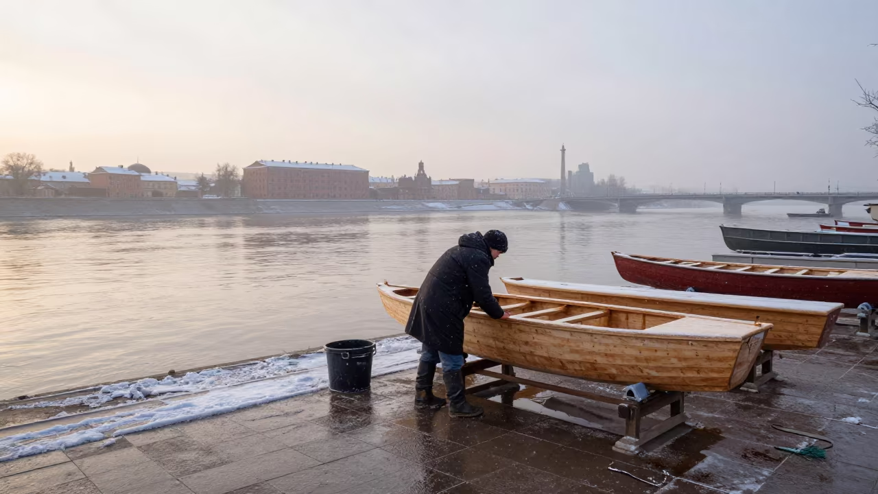 Boatbuilder at Dawn in Moscow Winter Mist in near a riverside landing in Moscow