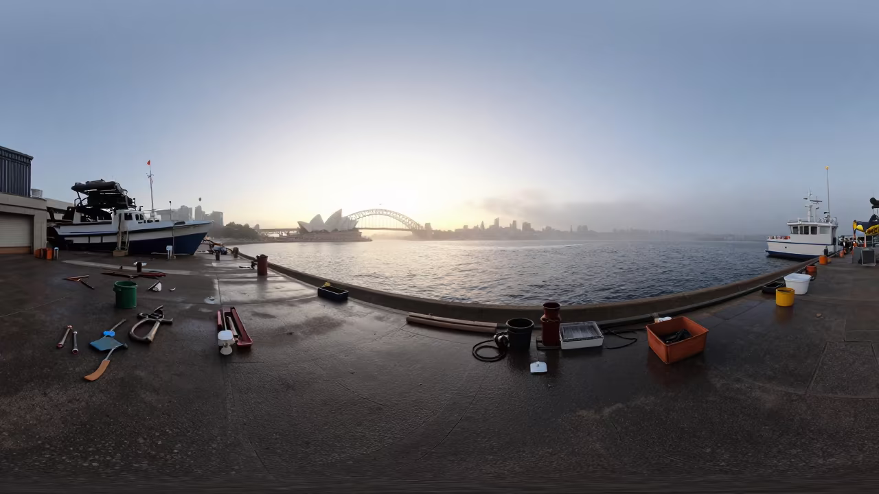 Boatbuilder Dawn Work Harbor Sydney Mist in at a harbor quay near Sydney