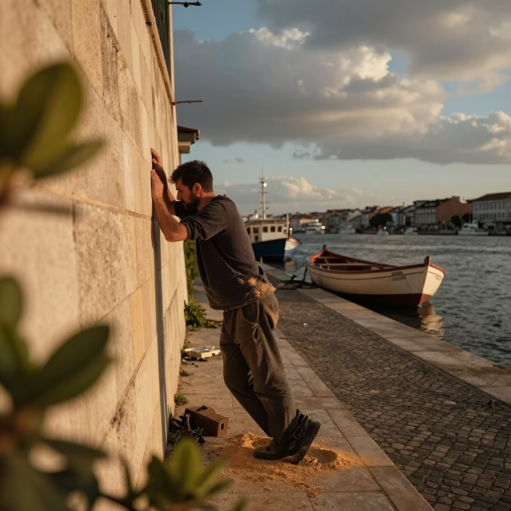 Boatbuilder in Golden Light at Lisbon Harbor Wall in by a riverbank near Lisbon