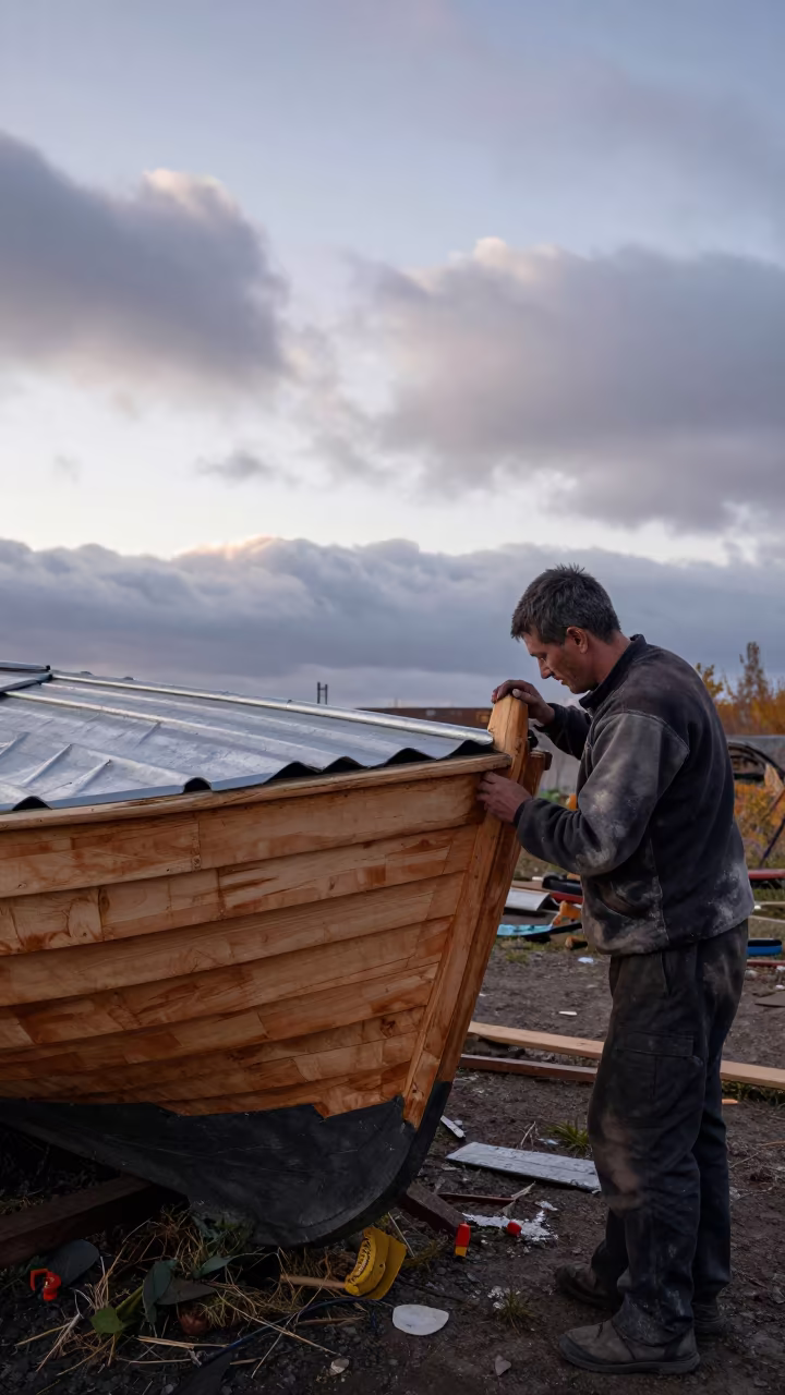 Boatbuilder Inspects Detail in Khyrdalan Dawn Workshop in in Khyrdalan