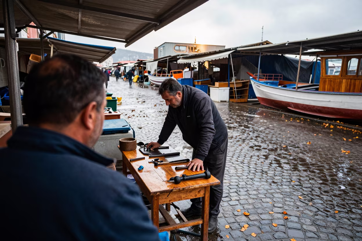 Boatbuilder Leaning Into Light at Harbor Market in at a harbor edge in Diyarbakır