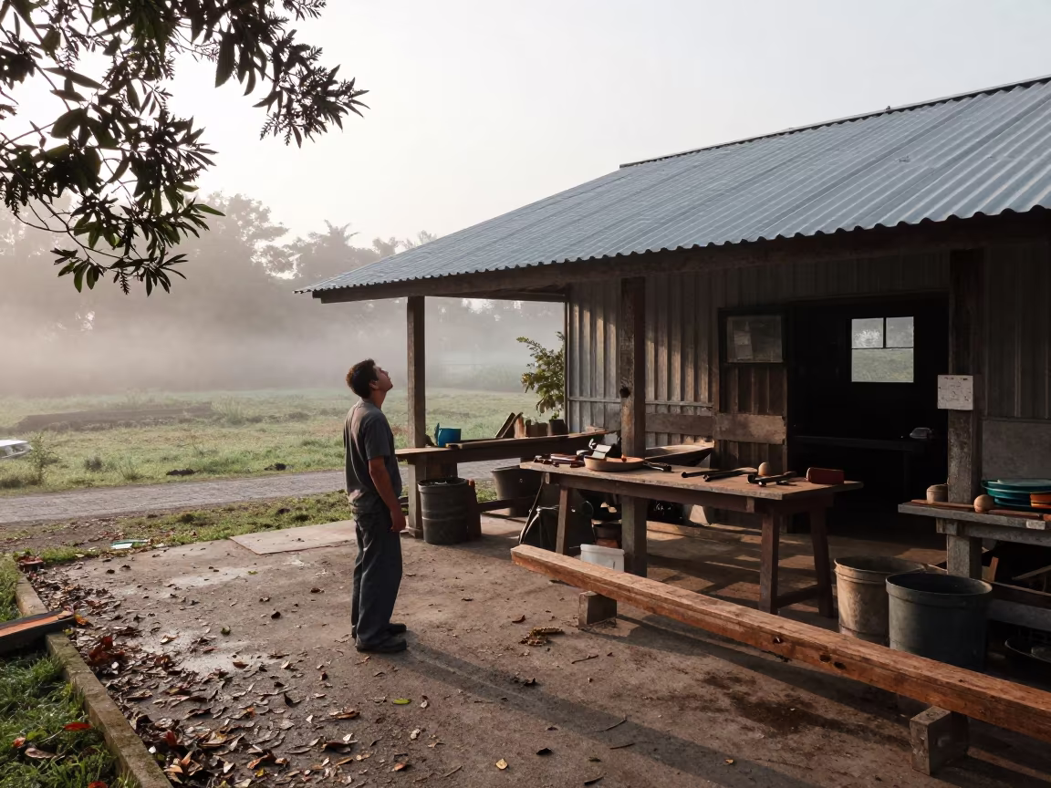 Boatbuilder Pausing at Tin Workshop Dawn in near Puente Alto