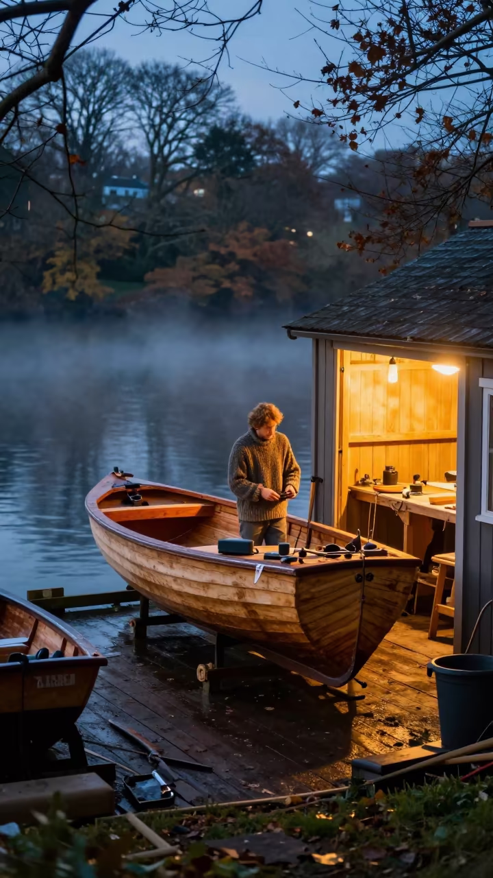 Boatbuilder at Riverside Shed in Evening Firelight in in Burlington