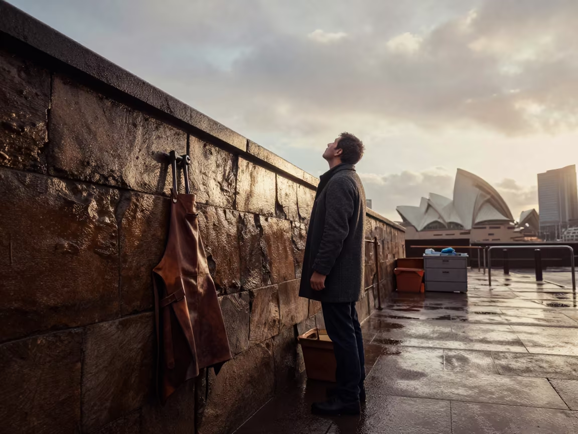 Boatbuilder Pausing at Sydney Harbor After Rain in at a roadside stop near The Rocks, Sydney